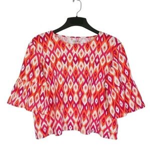 Jones New York Signature Top Womens XL Pink Multi Short Ruffle Sleeve Ikat Print